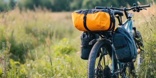 Fototapeta Naklejka Na Ścianę i Meble -  A rugged mountain bike equipped with vibrant, large-capacity panniers is parked on a lush grassy field, ready for an adventurous outdoor journey.