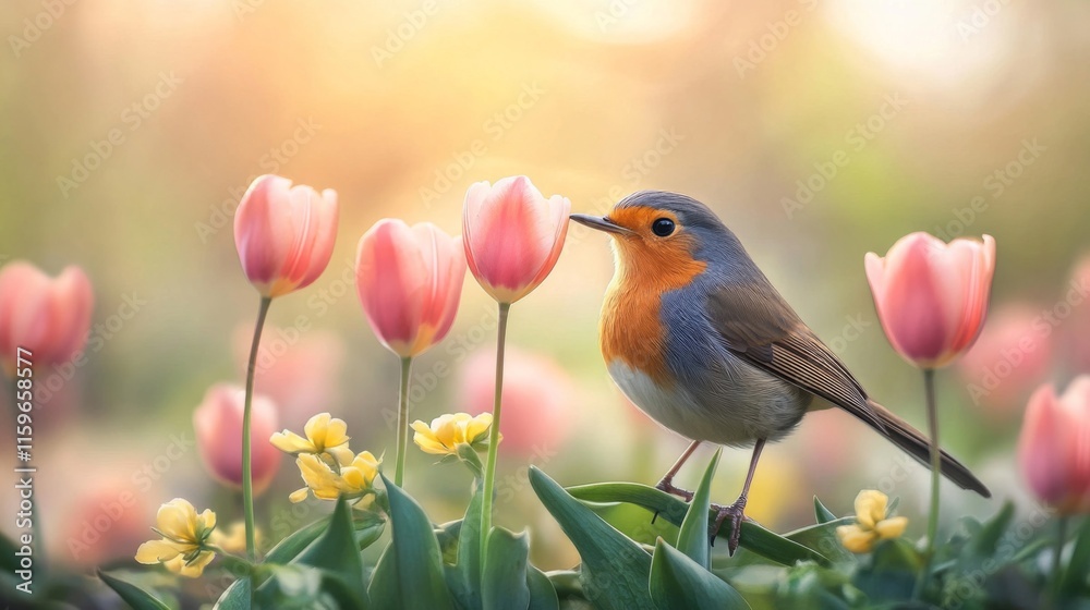 Obraz premium European Robin Perched Among Pink Tulips and Flowers