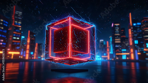 3d render, abstract red blue neon background. Glowing linear volumetric cube in the middle of the city street, under the starry night sky. Digital futuristic wallpaper