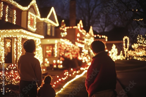 Wallpaper Mural Family enjoying a festive evening walk in a beautifully decorated neighborhood during the holiday season Torontodigital.ca