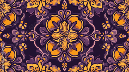 Vector seamless background of tiles decorated with patterns. Stylized flowers, geometric shapes. Purple and yellow abstract tile.