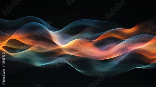 Abstract wave of vibrant orange, teal, and blue light streaks on a black background.
