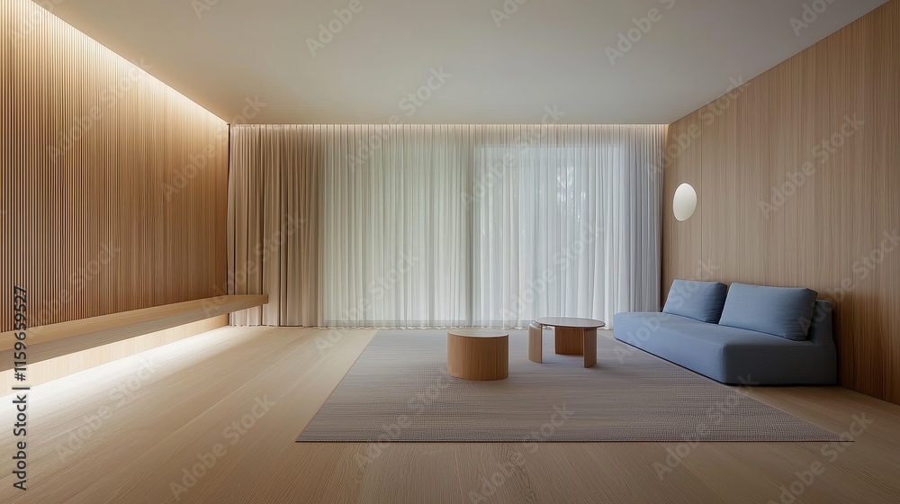 Fototapeta premium Minimalist Interior Design in Soft Natural Light with Wooden Accents, Modern Furniture, and Sheer Curtains Creating a Calming Atmosphere Ideal for Contemporary Spaces