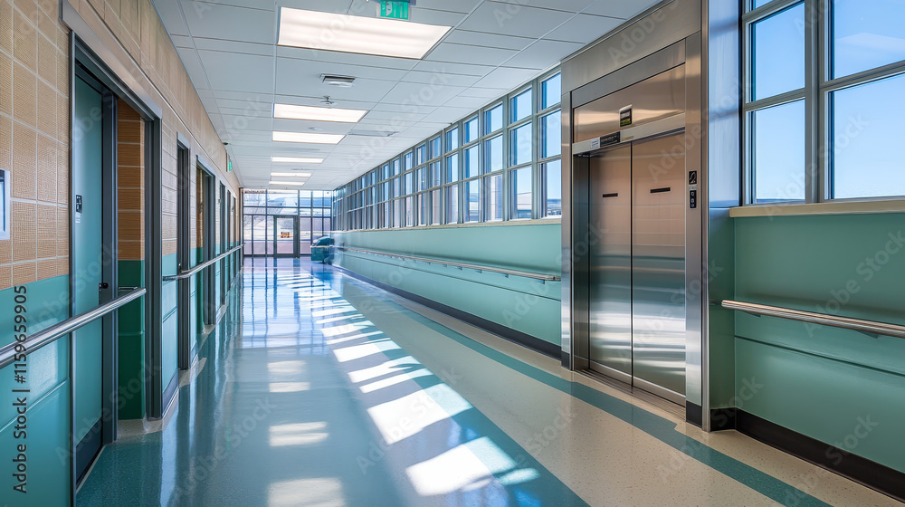 Fototapeta premium Realistic school corridor interior with windows. Hospital green hallway and closed double elevator. University lobby campus inside design. Indoor building medical area. Passageway with clean floor.