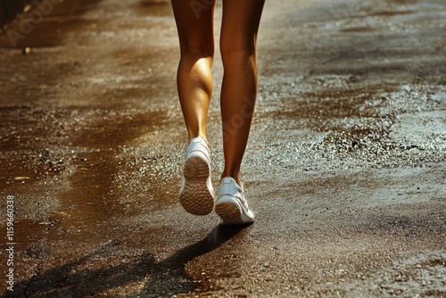 Active Young Woman Engaging in Walking Exercise on a Brown Path with Stylish White Sneakers
