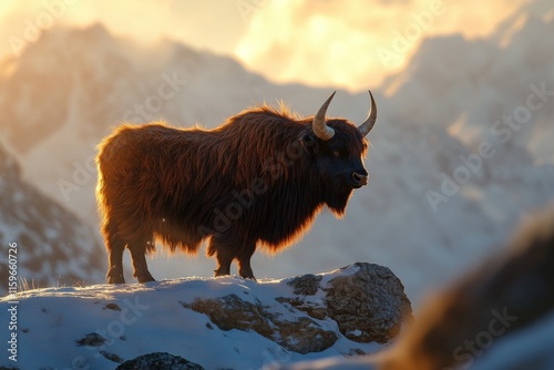 Majestic yak in Himalayan landscape at sunset photo