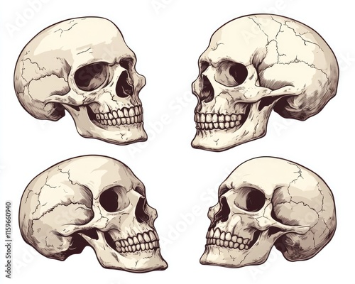 Collection of Four Human Skulls Isolated on White Background, Showcasing Anatomy and Dental Features