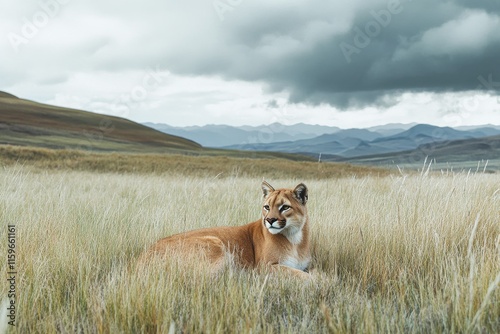 Mountain lion relaxing in highaltitude meadow under cloudy sky photo