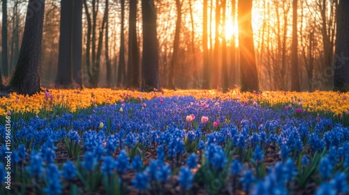 Sunset Illuminates Spring Flowers In A Forest photo