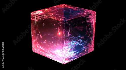 3d holographic prism cube with abstract light. Isometric square cuboid shape in iridescent pink. Futuristic flying geometry polygon object with hologram shine effect illustration. Math texture figure photo