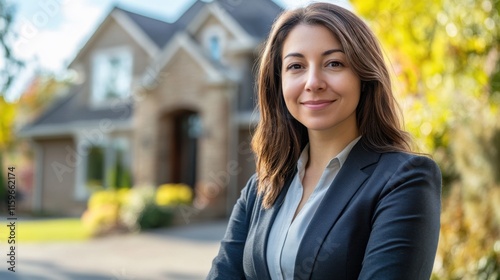 Confident Realtor Woman Smiling Near Beautiful Suburban Home