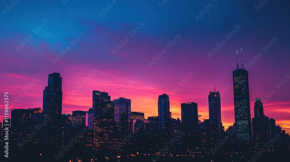 Fototapeta premium Vibrant sunset paints Chicago skyline with stunning purple and orange hues, capturing the beauty of twilight hours