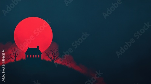 Mysterious Haunted House Under Red Moon With Dark Fog Creating Eerie Atmosphere Perfect For Halloween Themes And Spooky Seasonal Designs Capturing Imagination And Creepy Visual Appeal photo
