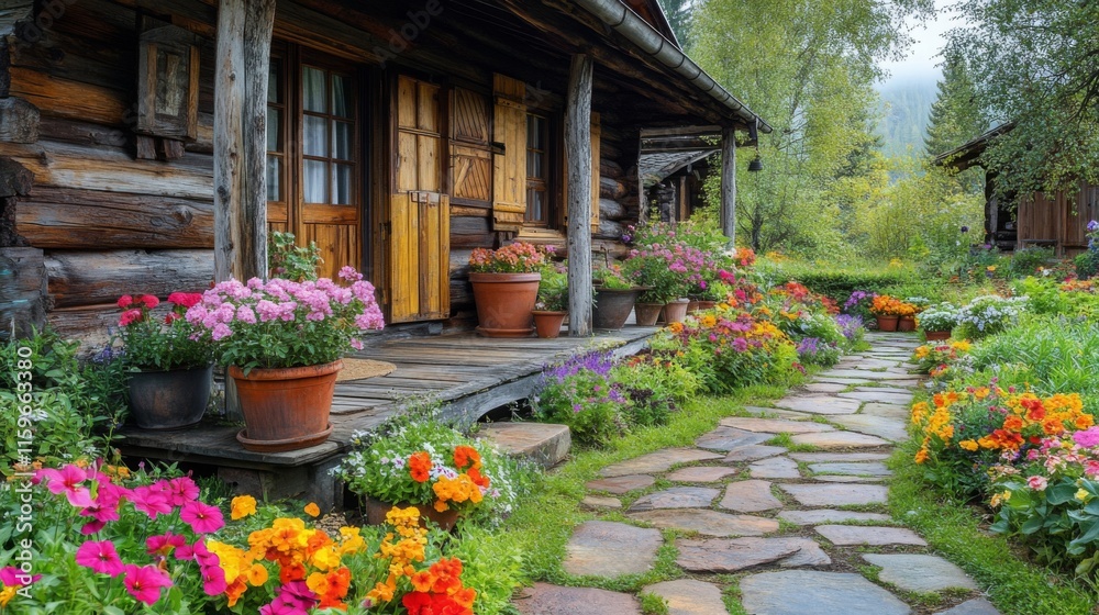 Naklejka premium Charming Log Cabin with Vibrant Flower Garden Path