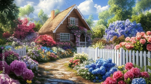 A Charming Log Cabin Nestled In A Vibrant Flower Garden