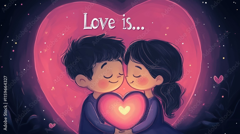 Illustration of a young cartoon couple in love, surrounded by a glowing heart shape and romantic atmosphere, celebrating affection and connection. Illustration of a young cartoon couple in love, surrounded by a glowing heart shape and romantic atmosphere, celebrating affection and connection.