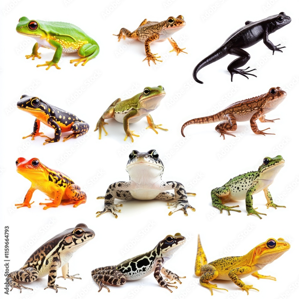 Naklejka premium Diverse Collection of Amphibians and Reptiles Displayed on a Clean White Backdrop