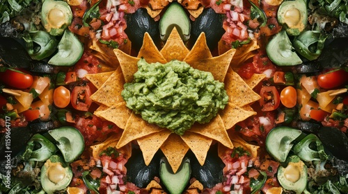 Colorful symmetrical arrangement of nachos, guacamole, and various vegetables. photo