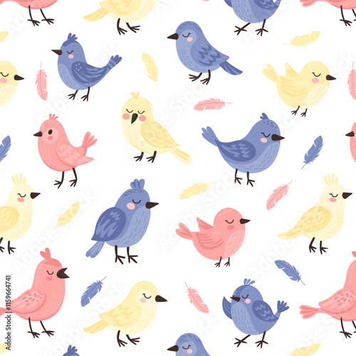 Seamless Pattern with Colourful Birds and Feathers