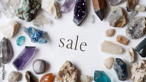 Sale sign in a frame of various gemstones and crystals, including amethyst and quartz rotate on a white background, perfect for mineral stores discounts.