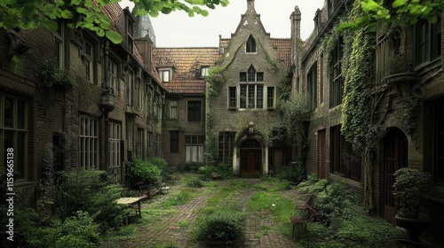 Scenic Green Courtyard Nestled Among Historic Almshouses in Haarlem, Holland's Charming City Center photo