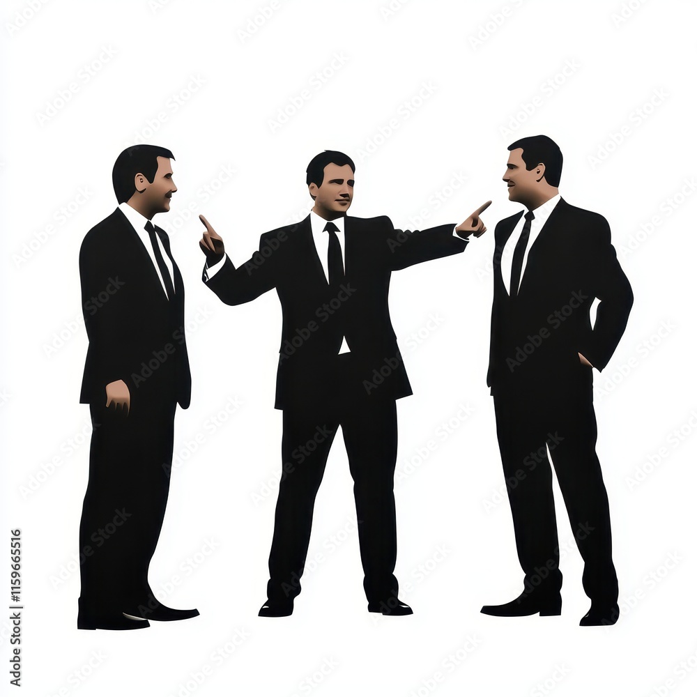 Three Businessmen Engaged in a Discussion with Confident Gestures in Suits on a Plain Background Three Businessmen Engaged in a Discussion with Confident Gestures in Suits on a Plain Background