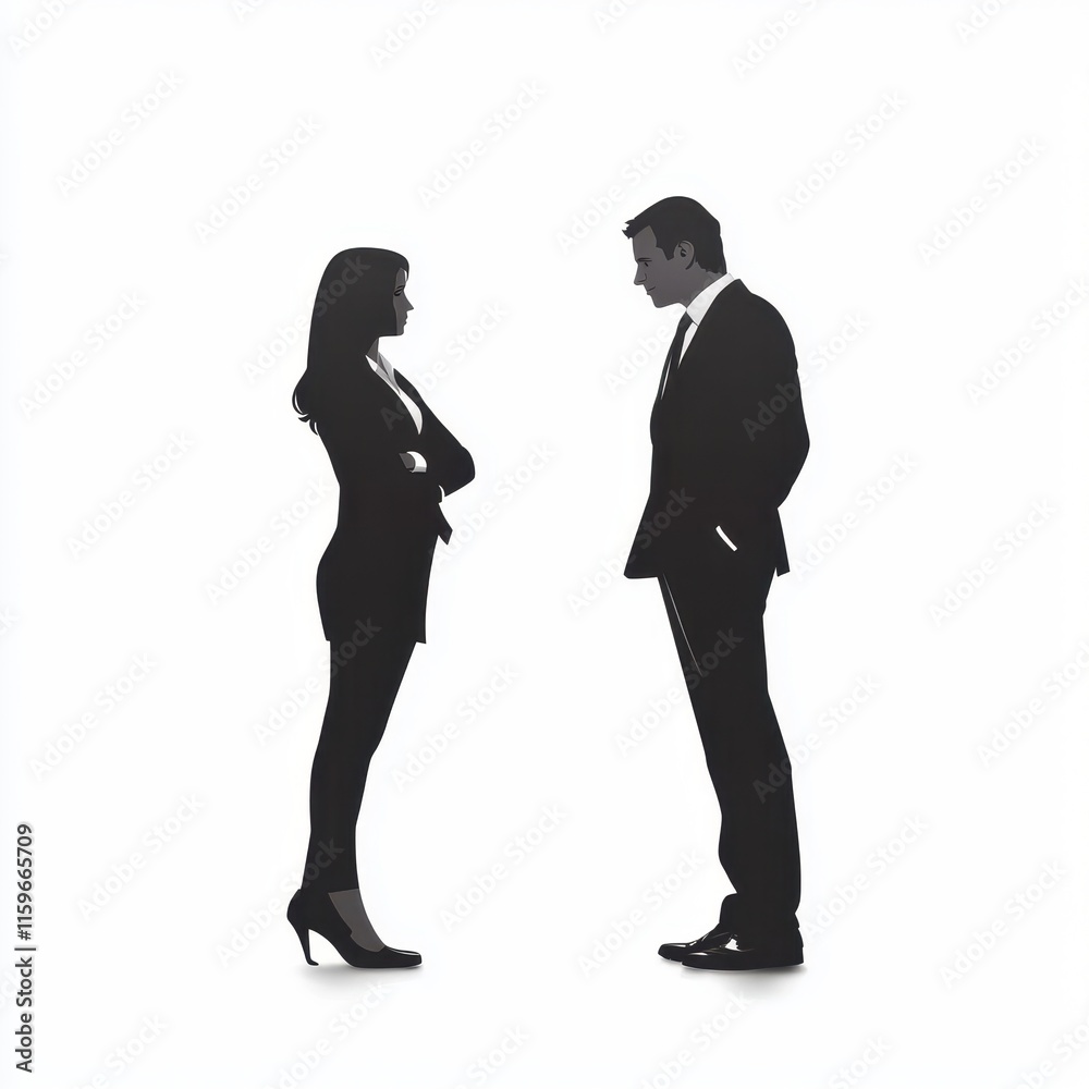 Silhouette of a Businessman and Businesswoman Engaged in a Serious Conversation in Profile View Against a White Background