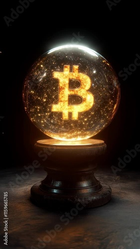 Bitcoin crypto symbol glows in magic crystal ball placed on wooden table on black background. Cryptocurrency price prediction, future of finance and investment concepts. Vertical footage.