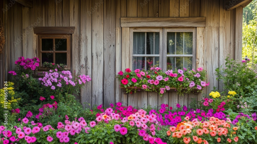 Wooden Cabin Adorned With Vibrant Flowers In Window Box And Garden Wooden Cabin Adorned With Vibrant Flowers In Window Box And Garden