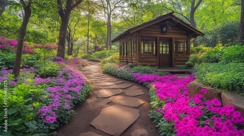 Wooden Cabin nestled in a vibrant floral garden path photo