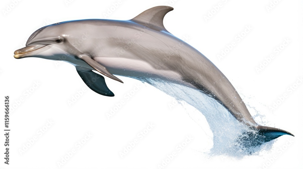 Fototapeta premium Isolated Grey Bottlenose Dolphin on White Background - Jumping Mammal of Aquatic Wildlife