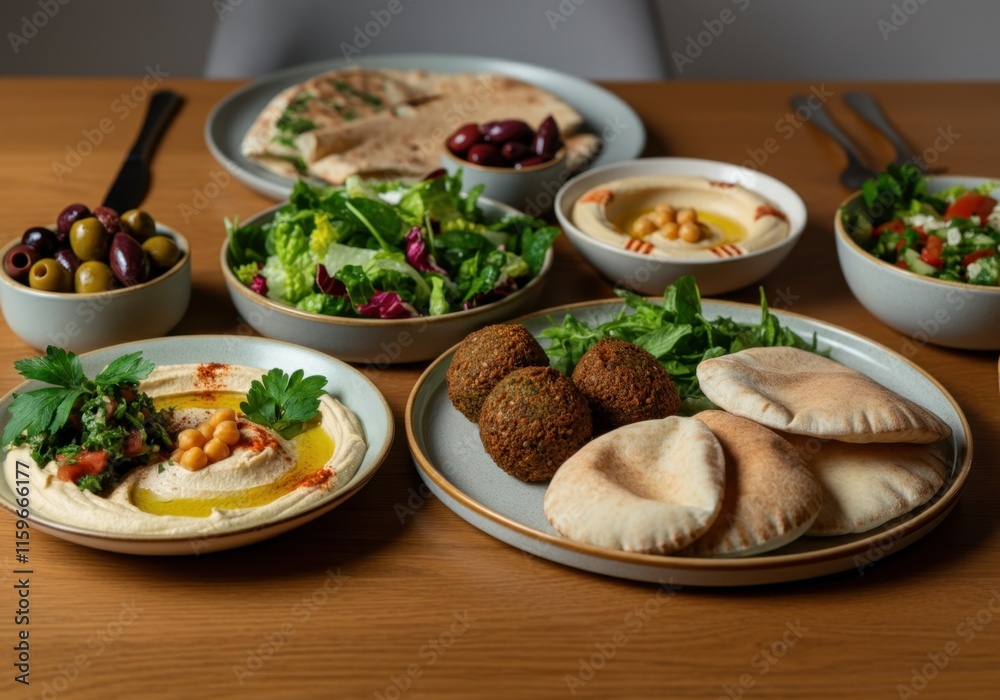 An assortment of Middle Eastern dishes is elegantly arranged on a wooden table. The spread includes falafel, hummus drizzled with olive oil and chickpeas, pita bread, olives, and fresh salads.