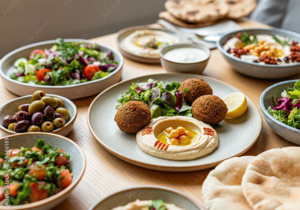 An assortment of Middle Eastern dishes is elegantly arranged on a wooden table. The spread includes falafel, hummus drizzled with olive oil and chickpeas, pita bread, olives, and fresh salads. An assortment of Middle Eastern dishes is elegantly arranged on a wooden table. The spread includes falafel, hummus drizzled with olive oil and chickpeas, pita bread, olives, and fresh salads.