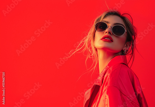 A blonde woman in a red jacket and sunglasses poses against a vibrant red background. Her red lipstick and windblown hair complete the look. She looks stylish and confident. photo