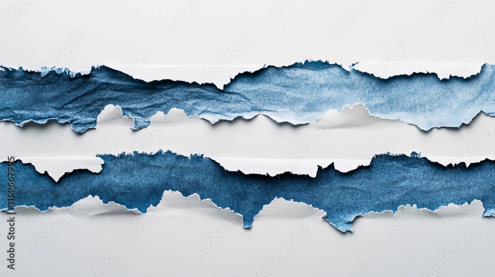 Torn white and blue note, notebook paper strips and pieces stuck on grey background. Vector illustration