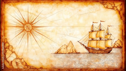 Historic sailing adventure with a ship fantasy ocean vintage illustration adventure nautical exploration photo