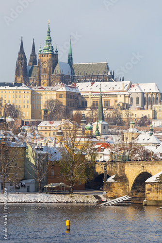 Obraz na płótnie Snowy Prague Lesser Town with Prague Castle above River Vltava, Czech republic w salonie