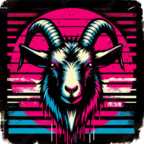 A goat with horns silhouette in vibrant neon colors, vector-style with flat colors, set against an abstract grunge background, creating a bold and rebellious sticker design