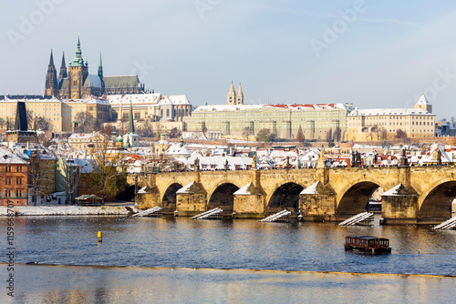 Obraz na płótnie Snowy Prague Lesser Town with Prague Castle above River Vltava, Czech republic w salonie