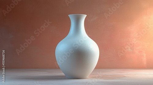 A simple yet elegant white vase standing on a surface with a soft peach backdrop illuminating its shape. Minimalist design showcasing artistry in pottery.