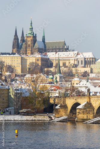Obraz na płótnie Snowy Prague Lesser Town with Prague Castle above River Vltava, Czech republic w salonie