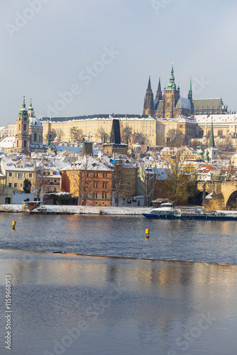 Obraz na płótnie Snowy Prague Lesser Town with Prague Castle above River Vltava, Czech republic w salonie