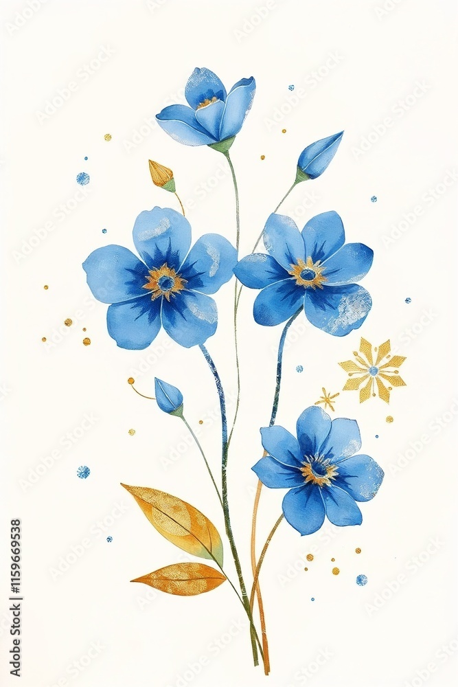 Obraz premium Elegant watercolor painting of blue flowers with gold accents on a light background