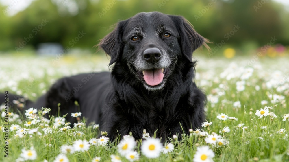 Happy Black Dog Lying in Daisy Field Happy Black Dog Lying in Daisy Field