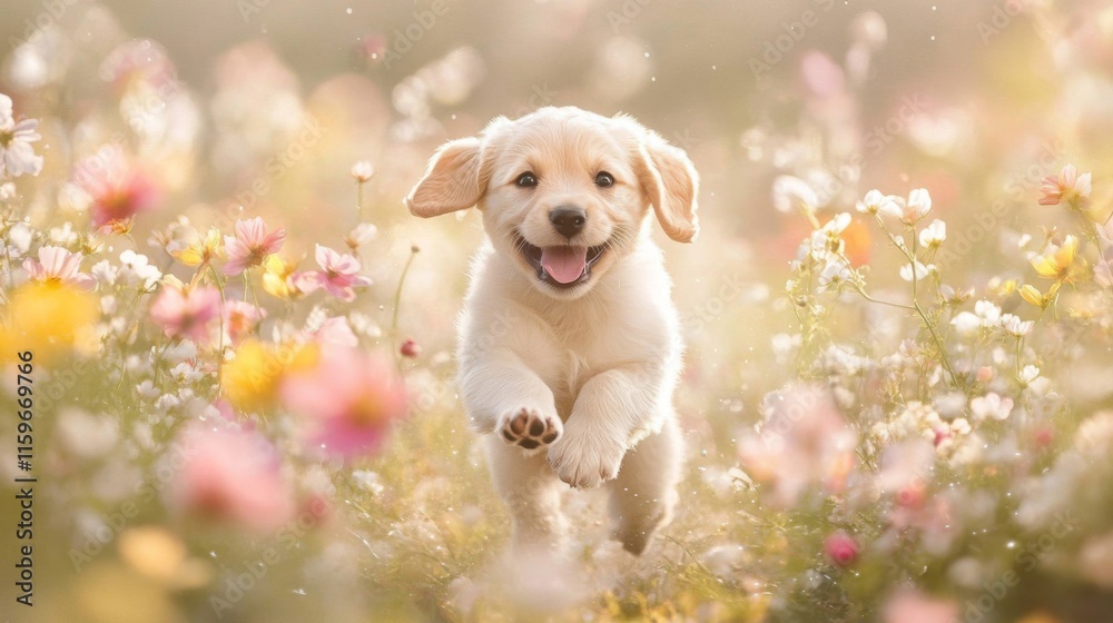 Golden Retriever Puppy Running Through Spring Flowers Golden Retriever Puppy Running Through Spring Flowers