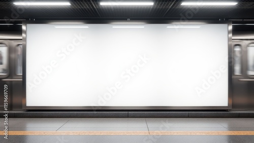 Clean subway platform mockup with a white billboard, perfect for displaying creative advertisements and banners. photo