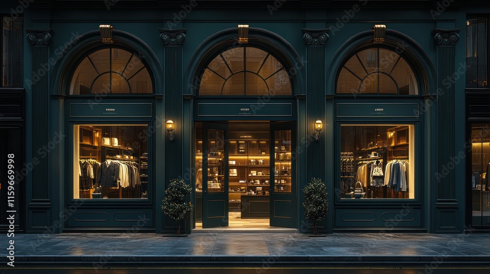 Green storefront with arched windows, illuminated at dusk. Green storefront with arched windows, illuminated at dusk.
