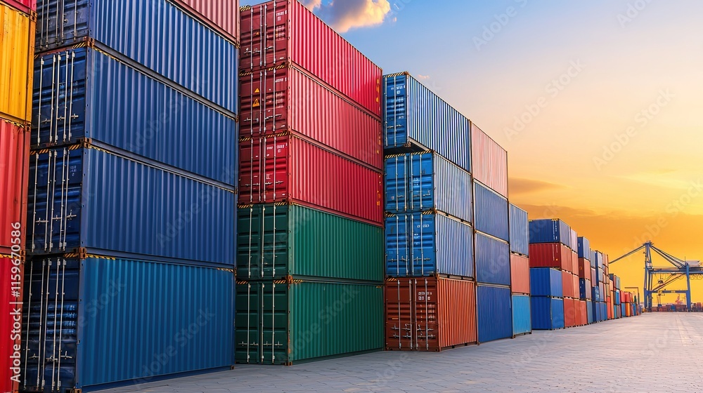 Fototapeta premium Container shipping operations port facility industrial layout sunset lighting aerial view logistics management
