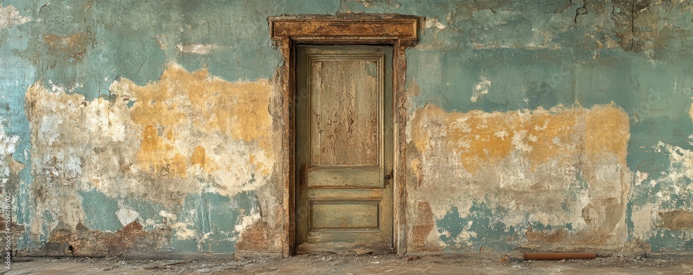 Naklejka premium Aging and Weathered Door Set in a Rustic, Distressed Wall Displaying Natural Patina and Crumbling Paint in an Abandoned Historical Building Interior