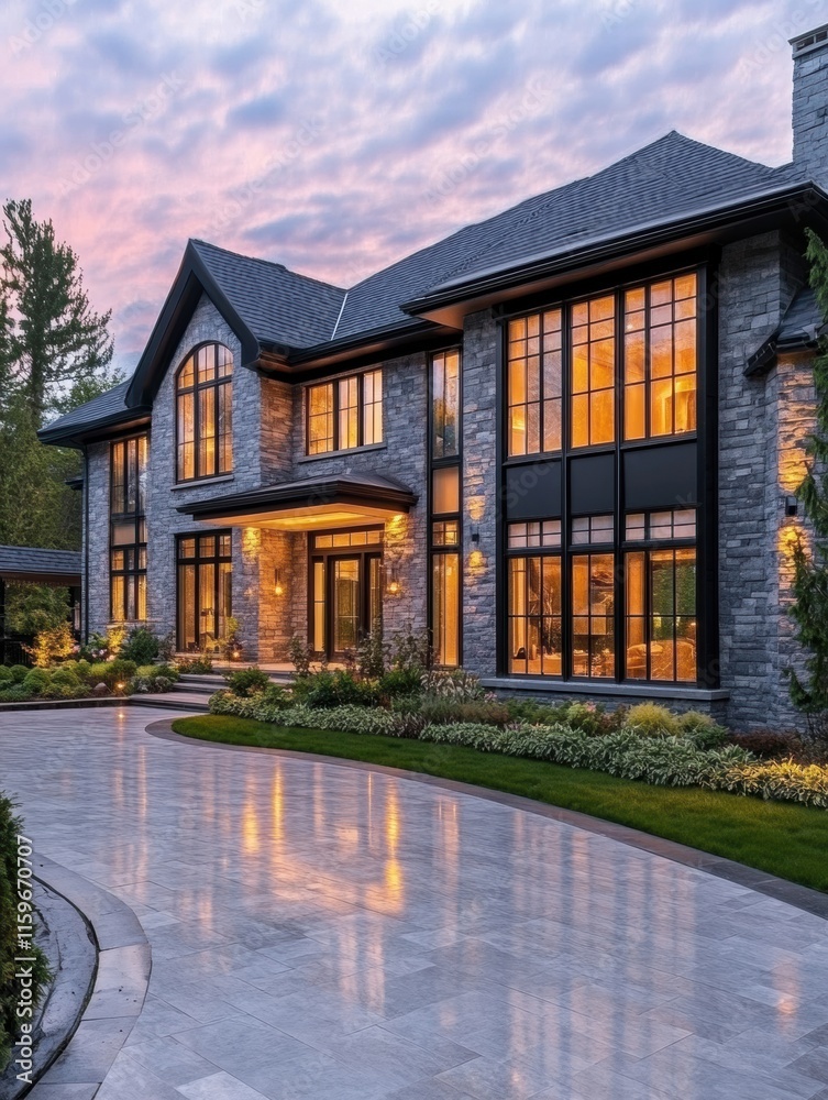 Luxury mansion with elegant architecture situated in a serene garden at sunset, showcasing beautiful windows and inviting ambiance. Generative AI Luxury mansion with elegant architecture situated in a serene garden at sunset, showcasing beautiful windows and inviting ambiance. Generative AI